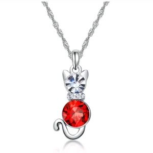 New Kitty Cat Charm Red Crystal Silver Necklace.